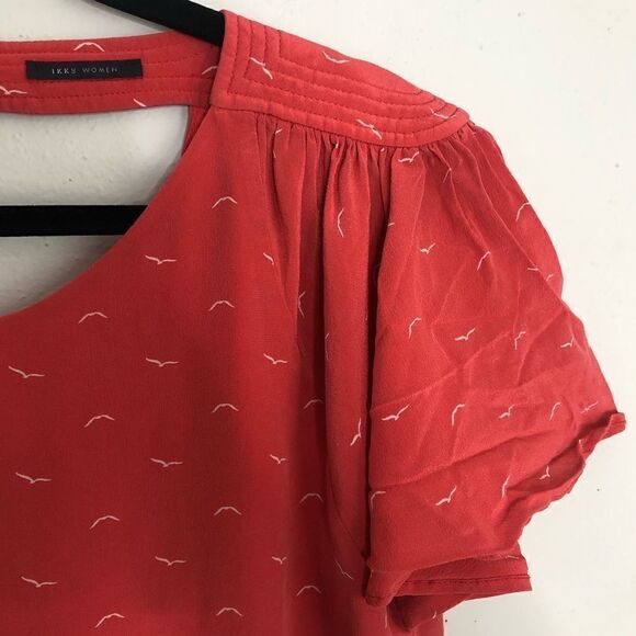 IKKS Coral Red Orange Bird Print Flutter Sleeve Mini Dress - Picture 7 of 10